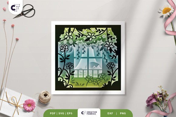 Cat in Floral Window 3D Shadow Box