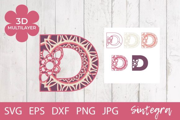 Floral Letter D Mandala 3D Multilayer