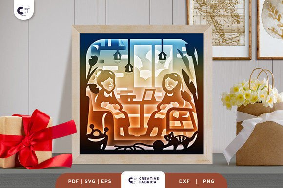 Old Lady Knitting 3D Shadow Box Papercut